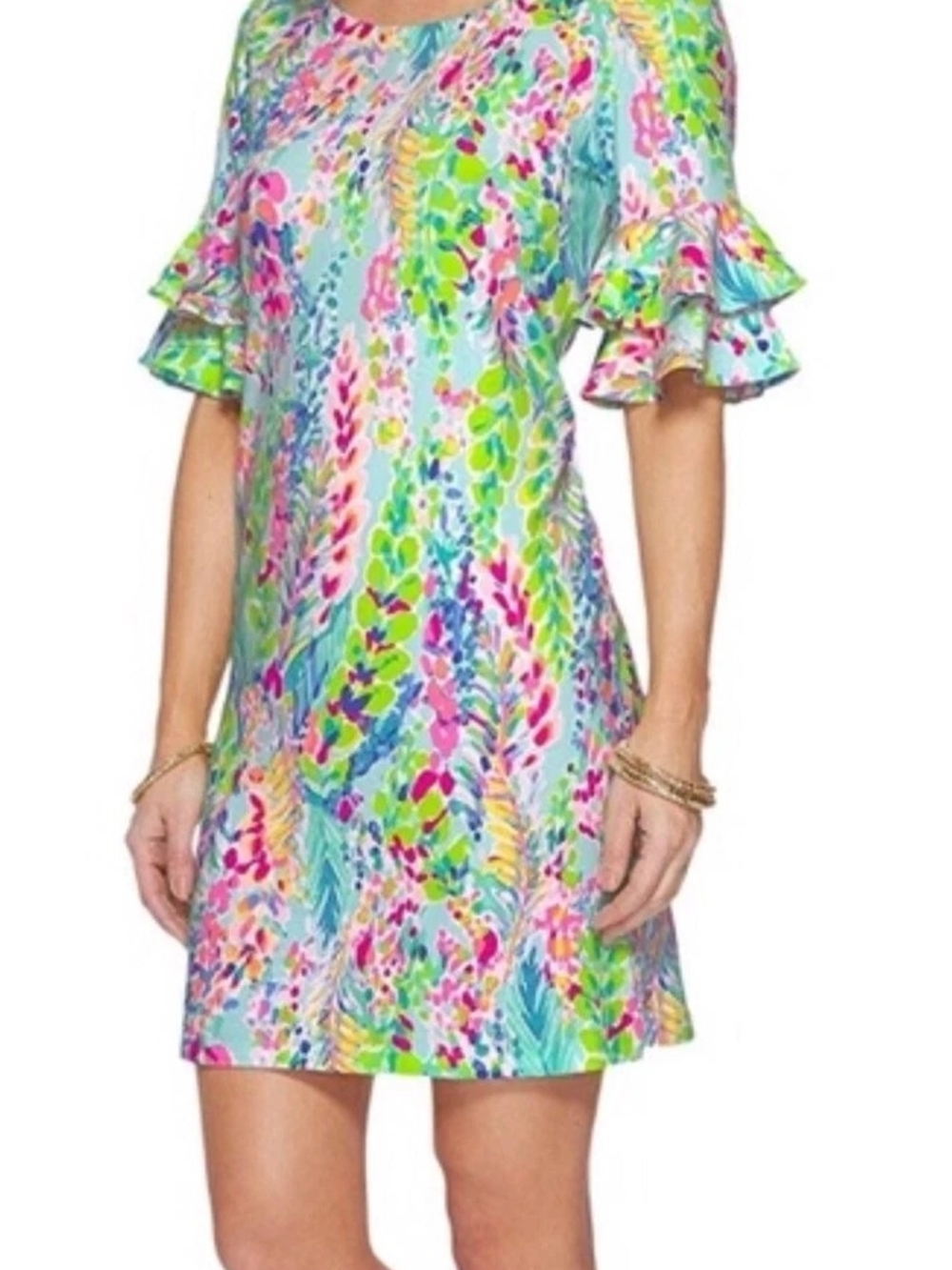 Lilly Pulitzer Lula Dress Catch the Wave Print Ruffle Sleeve Shift Dress Size M